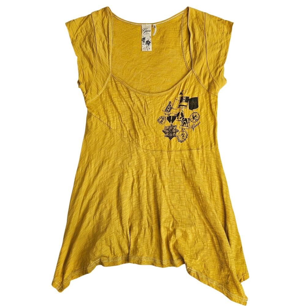 Y2k Guess Babydoll Top Yellow Graphic Asymmetrical - Small